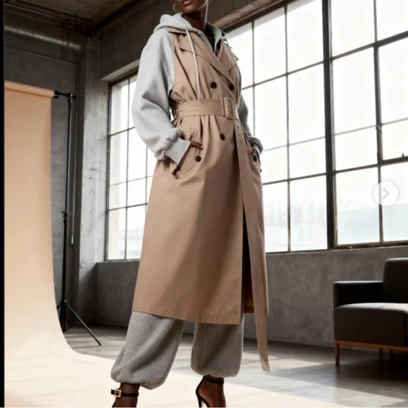KBB by KAHLANA Women's 'The Sweatshirt Trench Coat' - Khaki/Heather Gray M - Picture 5 of 6